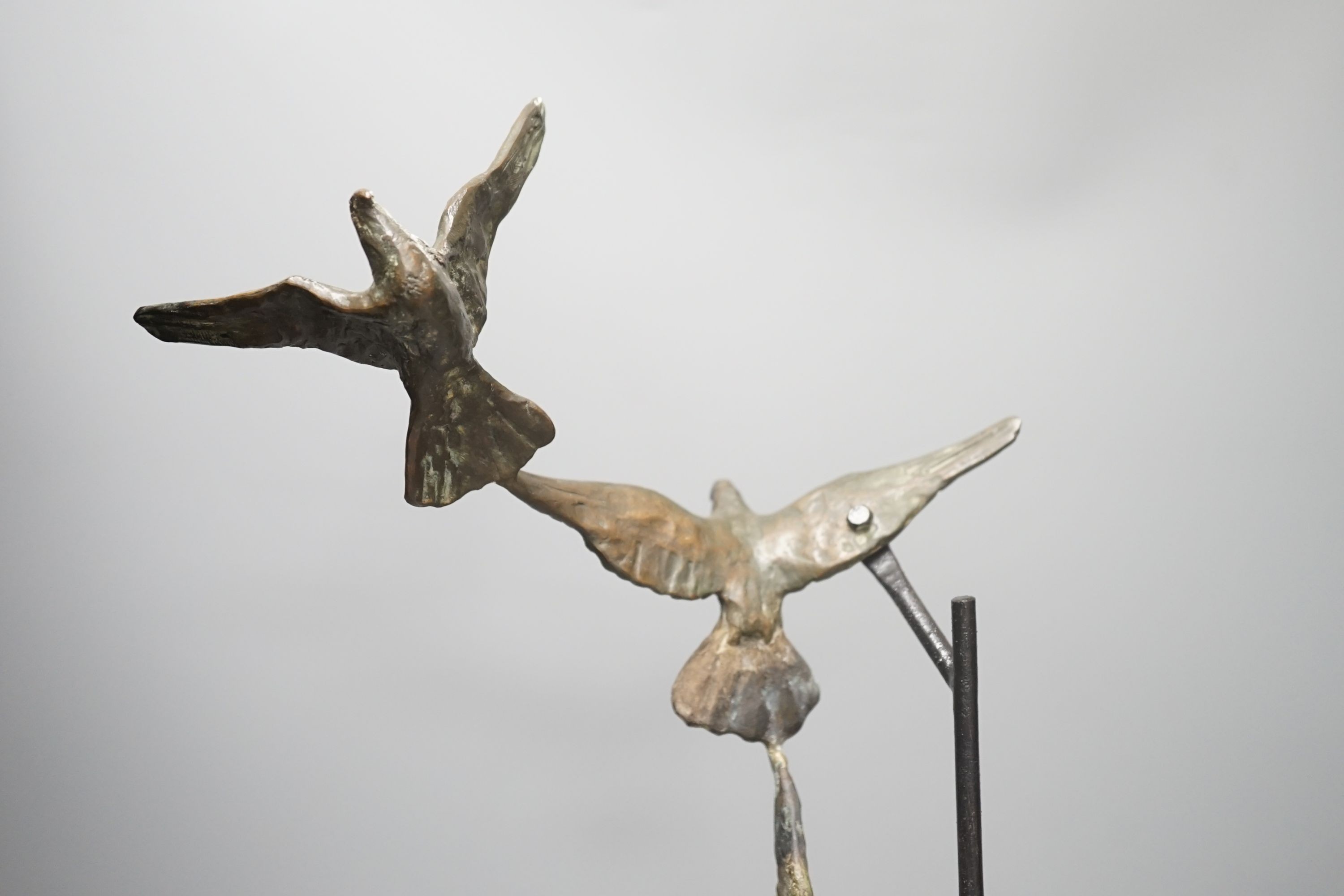 A bronze bird group, ‘Flight’ ‘97, signed Hayter, 55.5 cms high.